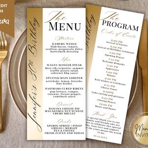 May include: A gold-coloured place setting featuring a menu and program for a 30th birthday celebration. The menu details starters, main courses, desserts, and drinks. The program outlines the event's schedule, including arrival times, dinner, and dancing.