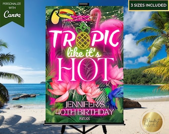 Editable Tropical Pink Neon Birthday Welcome Sign, Tropic Like It's Hot, Summer Beach Pool Jungle Party Decor, Printable Canva Template