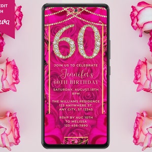 Digital 60th Birthday Pink Floral Gold Diamond Party Invitation, Electronic Phone Text Evite, Editable Template, Instant Download, DHP5