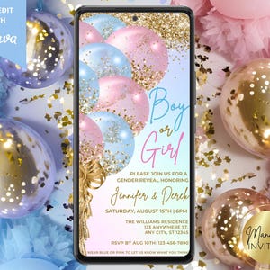 Peut inclure: Une invitation à une fête de révélation de sexe avec des ballons bleus et roses, des paillettes dorées et le texte "Boy or Girl?"  Veuillez nous rejoindre pour une révélation de sexe en l'honneur de Jennifer & Derck. Samedi 15 août | 18h00. La résidence Williams, 123 Anywhere St., Any City, ST 12345. RSVP avant le 10 août : 123-456-7890. Portez du bleu ou du rose pour nous faire savoir ce que vous pensez.