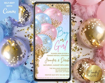 Digital Boy or Girl Gender Reveal Party Invitation, Pink Blue Balloon Reveal, Couples Baby Shower, Editable Template, Instant Download