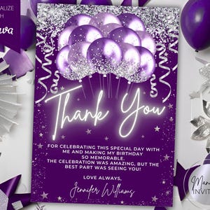 Carte d'anniversaire modifiable glam ballons argentés violets, carte de voeux imprimable cadeau, modèle modifiable, téléchargement immédiat
