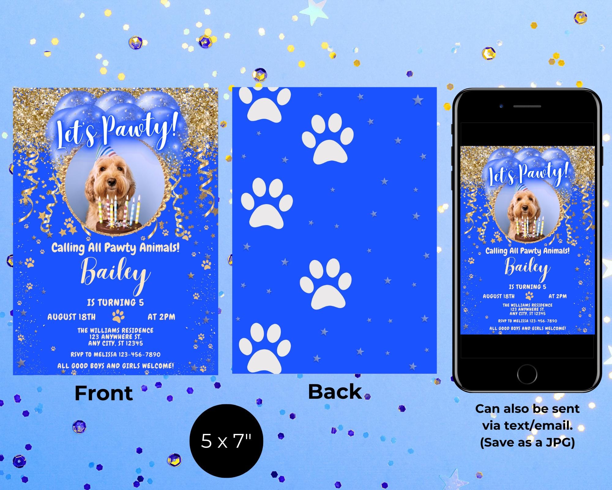 Editable Let's Pawty Boy Dog Birthday Party Glam Photo Invitation, Blue ...