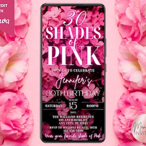 Digital Any Age Shades of Pink Birthday Party Invitation, Electronic Text Evite, Pink Neon Floral, Editable Template, Instant Download, PF01