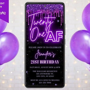 Digital Twenty One AF 21st Birthday Party Invitation, Electronic Phone Evite, Neon Purple Glitter Drip, Editable Template, Instant Download