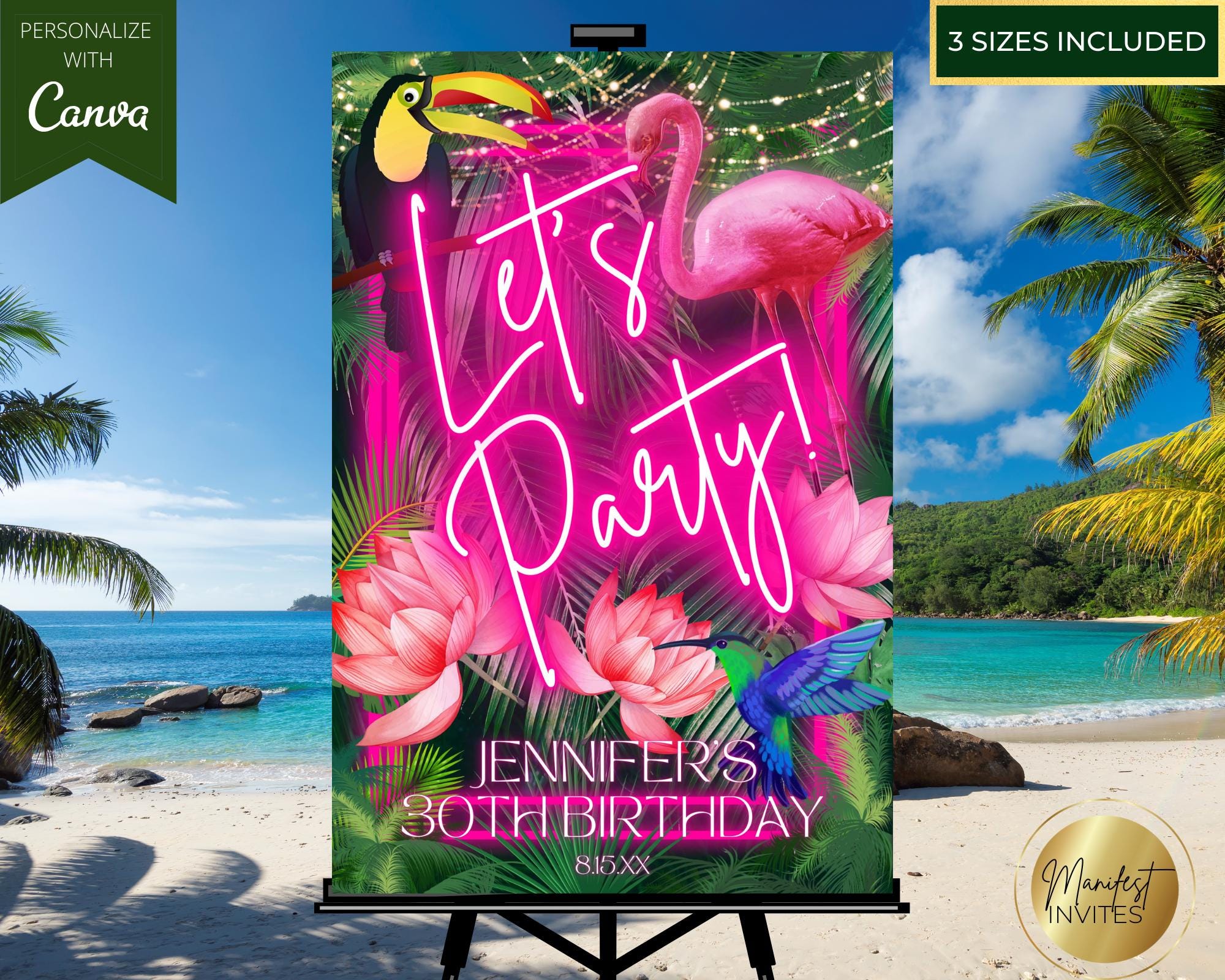 Editable Tropical Pink Neon Let's Party Birthday Welcome Sign