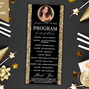 Bearbeitbare elegante Schwarz Gold Ereignisprogramm Karte Fotovorlage, Dankeschön Notiz, Reiseplan Agenda, Tischprogramm, Canva, Sofort Download