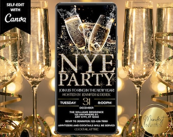 May include: A digital New Year's Eve party invitation displayed on a smartphone screen. The design features two champagne flutes with splashing liquid, gold glitter text reading NYE PARTY, and event details including date, time, and location.