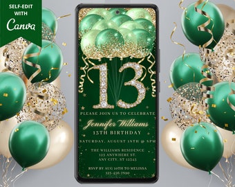 Digital 13th Birthday Party Green Gold Diamond Glitter Balloons Invitation, Electronic Phone Text Evite, Editable Template, Instant Download