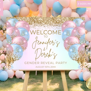 Editable Pink Blue Glitter Balloons Glam Gender Reveal Welcome Sign, Couples Baby Shower Poster Decor, Canva Template, Instant Download