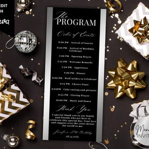 Può includere: Un programma di compleanno nero e argento con il testo "The Program" e "Order of Events". Il programma include un programma, un messaggio di ringraziamento e il testo "Jennifer's 30th Birthday". L'immagine è decorata con regali e coriandoli.