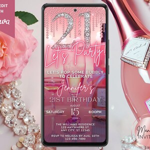 Invitación glamorosa para fiesta de cumpleaños número 21 digital, Let's Party Pink Champagne Diamonds, texto de Evite, plantilla editable, descarga instantánea, PC25