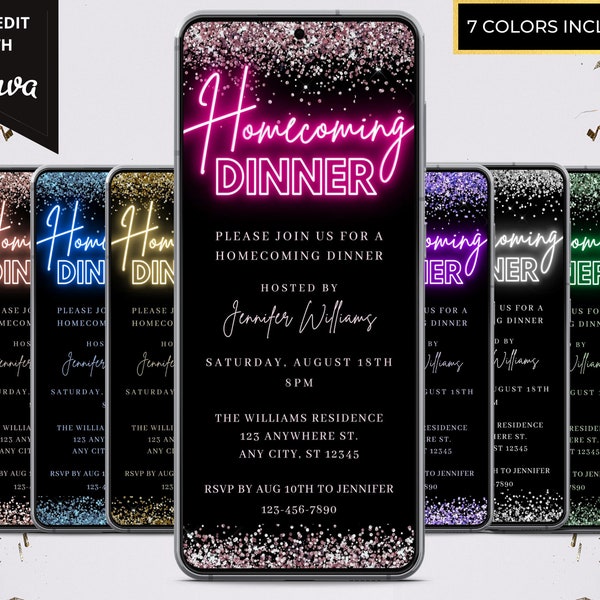 Electronic Homecoming Dinner Invitation, Digital Homecoming Party Invite, Neon, Editable Template, Phone Text Evite, Instant Download