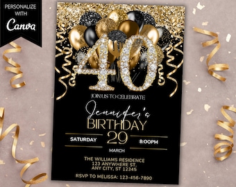 Bearbeitbare 40. Geburtstag Schwarz Gold Glitzer Ballons Diamant Party Einladung Vorlage, druckbare Karte und Telefontext Evite, Instant Download