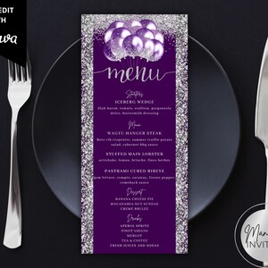 Bewerkbare paars zilveren glitterballonnen diner menukaart verjaardag, afdrukbare evenementmenu en drankkaart, bewerkbare sjabloon, direct downloaden