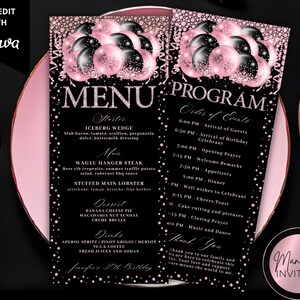 Editable Glam Pink Black Glitter Balloons Diamond Menu Program and Thank You Card, Birthday Graduation Decor, Printable Canva Template, PB73