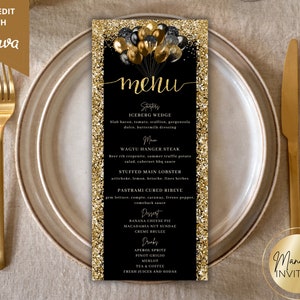 Bewerkbare zwartgouden glitterballonnen diner menukaart verjaardag, afdrukbare evenementmenu en drankkaart, bewerkbare sjabloon, direct downloaden