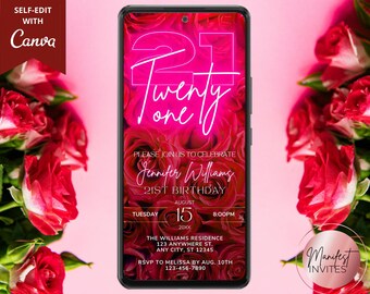 Invito digitale per la festa del ventunesimo compleanno con rose rosse e rosa neon, per lei, invito telefonico, modello Canva modificabile, download immediato, PR98