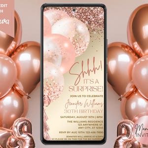 Digitale Damen Mädchen Überraschungs-Geburtstagsfeier-Einladung, rosa Rose Gold Glitter Luftballons, Text Evite, bearbeitbare Vorlage, Sofort Download