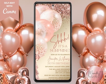 Digital Women&#39;s Girl&#39;s Surprise Birthday Party Invitation, Pink Rose Gold Glitter Balloons, Text Evite, Editable Template, Instant Download