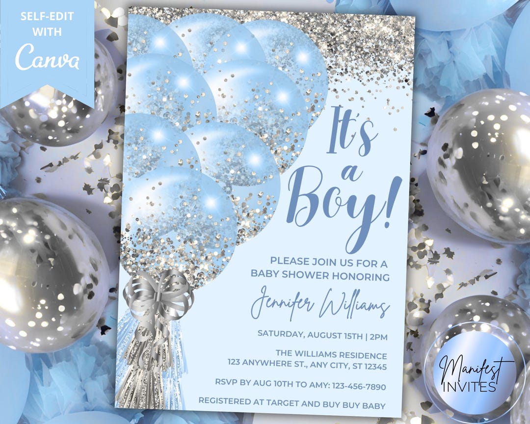 Editable It's a Boy Blue Silver Glitter Balloons Baby Shower Invitation ...