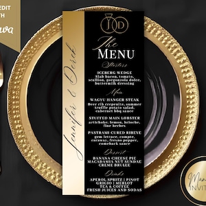 May include: A wedding menu card with a black background and gold accents. The menu lists starters, main courses, desserts, and drinks. The card is next to a gold-rimmed plate, fork, knife, and spoon. The text "Jennifer & Derek" is written on the side.