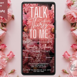 Digital Talk Thirty To Me 30th Birthday Blush Pink Neon Floral Party Invitation, Phone Text Evite, Editable Canva Template, Instant Download