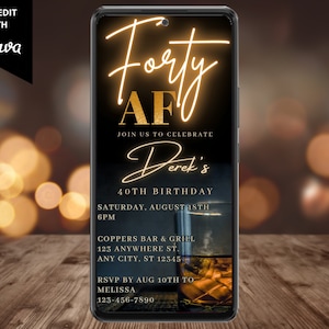 Digital Forty AF Men&#39;s 40th Birthday Party Whiskey Invitation, Electronic Phone Text Email Evite, Editable Template, Instant Download, WM42