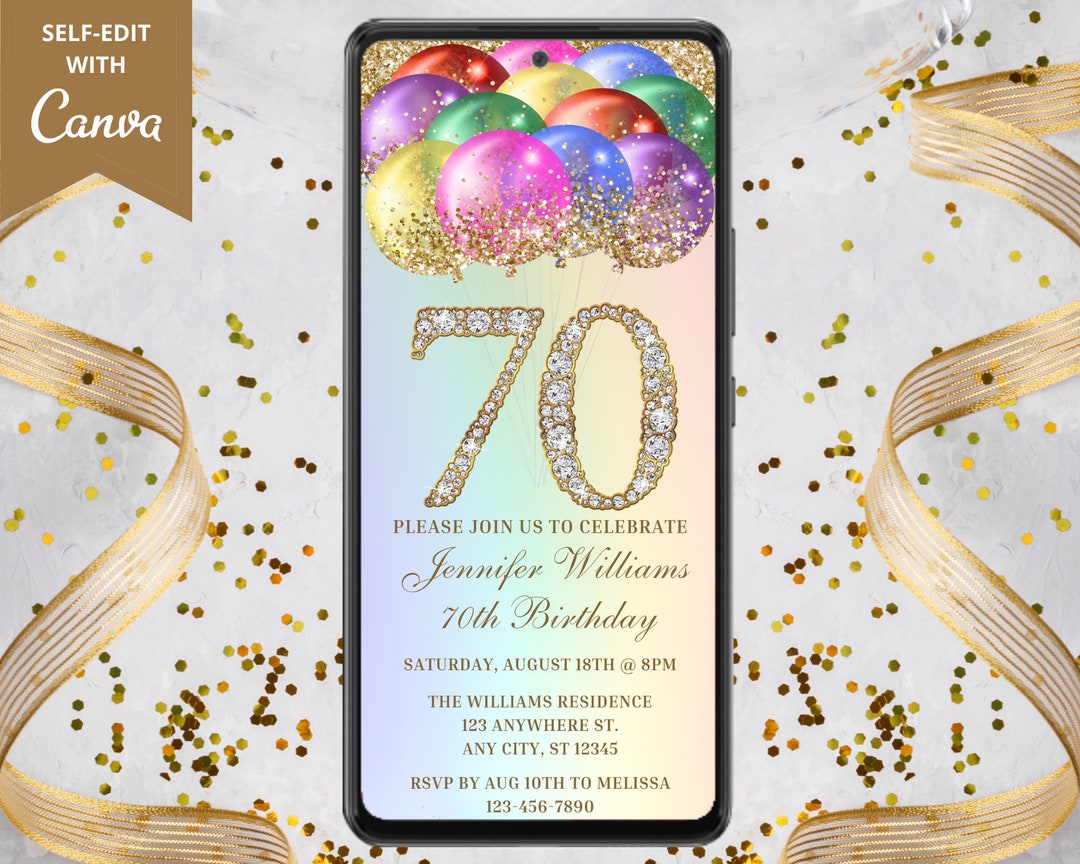 Digital 70th Birthday Party Invitation, Electronic Text Message Evite, Colorful Rainbow Balloon