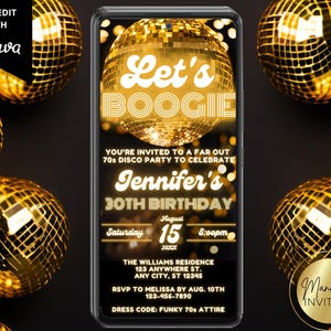 Digital Let's Boogie Gold Neon Disco Ball Birthday Party Invitation, 70s Theme Party, Phone Evite, Editable Template, Instant Download