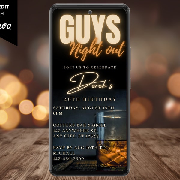 Electronic Men's Guys Night Out Birthday Party Invitation, Digital Phone Text Evite, Whiskey, Editable Template, Instant Download, WM42