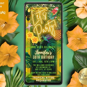 Digital Let&#39;s Party Tropical Palm Leaves Gold Neon Birthday Party Invitation, Electronic Phone Evite, Editable Template, Instant Download