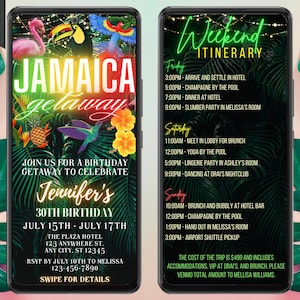 Electronic Tropical Jamaica Getaway Birthday Trip Itinerary Invitation, 3 Day Trip, Digital Schedule, Editable Template, Instant Download