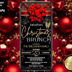 Digital Elegant Christmas Brunch Party Invitation, Festive Holiday Winter Event, Red Bow, Text Evite, Editable Template, Instant Download