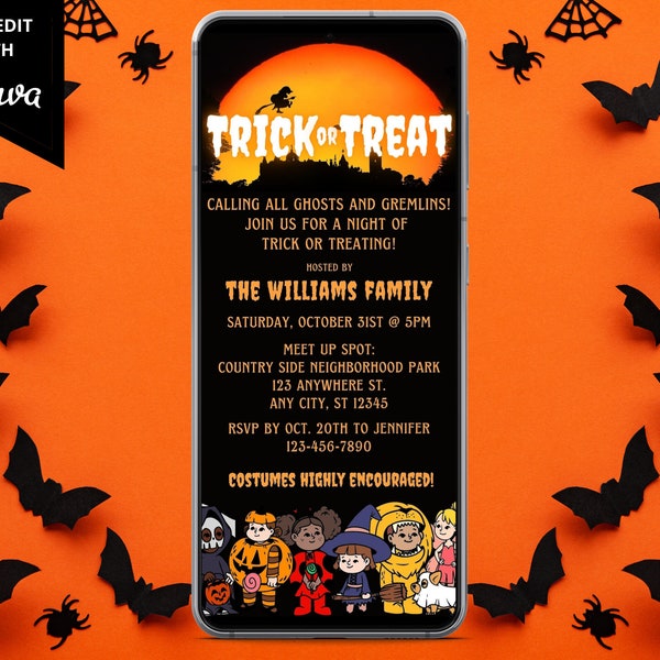 Digital Halloween Trick or Treat Invitation, Electronic Family Trick or Treating Evite, Kids Halloween, Editable Template, Instant Download
