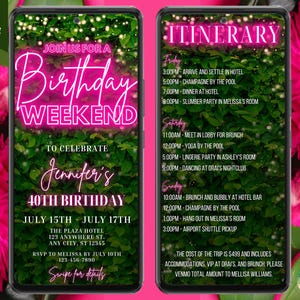 Digital Birthday Trip Weekend Pink Neon Greenery Itinerary Schedule Invitation, Electronic Phone Evite, Editable Template, Instant Download