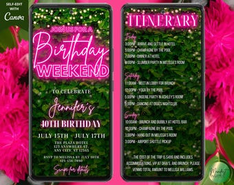 Digital Birthday Trip Weekend Pink Neon Greenery Itinerary Schedule Invitation, Electronic Phone Evite, Editable Template, Instant Download