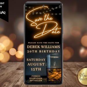 Digital Men's Whiskey Save the Date Birthday Party Invitation, For Him, Phone Text Evite, Editable Canva Template, Instant Download, WM42