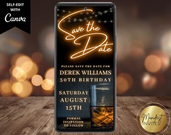 Digital Men&#39;s Whiskey Save the Date Birthday Party Invitation, For Him, Phone Text Evite, Editable Canva Template, Instant Download, WM42