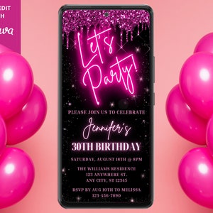 Digital Birthday Party Invitation, Electronic Smartphone Evite, Let&#39;s Party, Pink Glitter Drip, Editable Template, Instant Download, PGD7