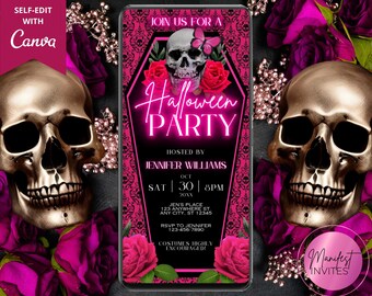 May include: A digital Halloween party invitation on a smartphone, with a skull, roses, and the words "Halloween Party." The invitation is framed by gold skulls and pink roses. The text includes the date, time, and RSVP details.
