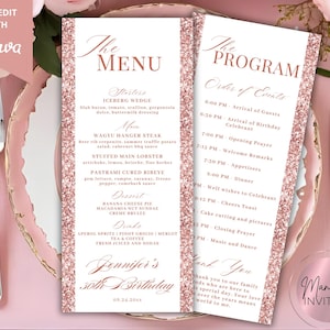 Editable Elegant Rose Gold Glitter Menu Program & Thank You Card, Glam Birthday Graduation or Bridal Shower Decor, Printable Canva Template