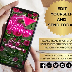 May include: A digital invitation for a 40th birthday party, featuring a pink cocktail glass with a pink drink and the text "a tini bit older". The invitation also includes the date, time, and location of the party, with a pink and green floral design.
