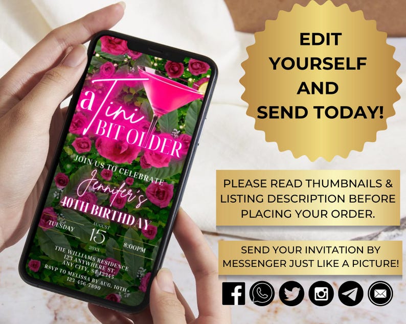 May include: A digital invitation for a 40th birthday party, featuring a pink cocktail glass with a pink drink and the text "a tini bit older". The invitation also includes the date, time, and location of the party, with a pink and green floral design.