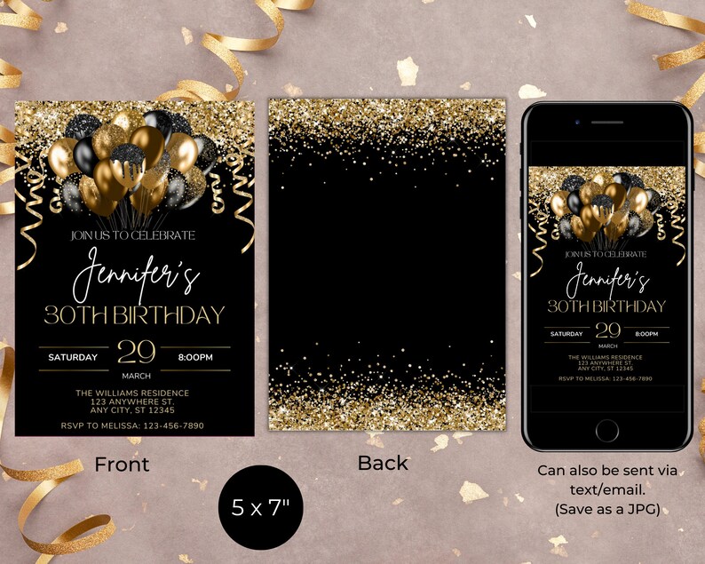 Editable Black Gold Glitter Balloons Birthday Party Invitation ...