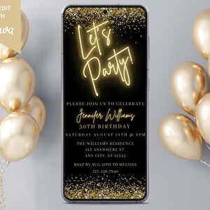 Digital Neon Gold Birthday Invitation, Electronic Birthday Party Invite, Let's Party, Phone Text Evite, Editable Template, Instant Download