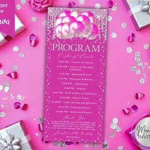 May include: A pink event program with silver text and a balloon graphic. The program lists the order of events, including arrival times, dinner, and music. The words "SELF-EDIT WITH Canva" are in the upper left corner. The program is surrounded by gifts and confetti.
