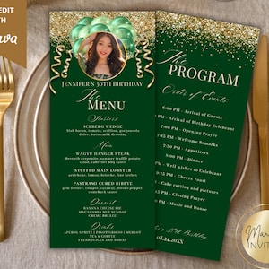 Bewerkbare afbeelding groen goud glitter ballonnen Menu- en programmakaartsjabloon, afdrukbaar evenementmenu en drankkaart, tafelmenu verjaardagsdiner