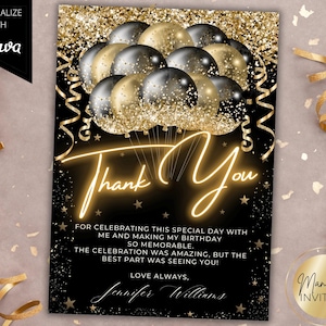 Bearbeitbare Schwarzgold-Neonballons Danke Geburtstagskarte, druckbare Dankesnotiz, Dankesnachricht, bearbeitbare Vorlage, sofortiger Download