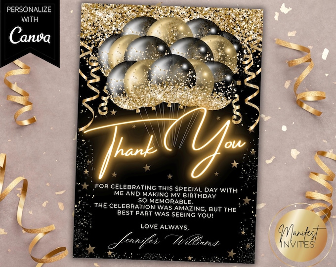 Digital Birthday Thank You Card, Black and Gold Balloons Thank You ...